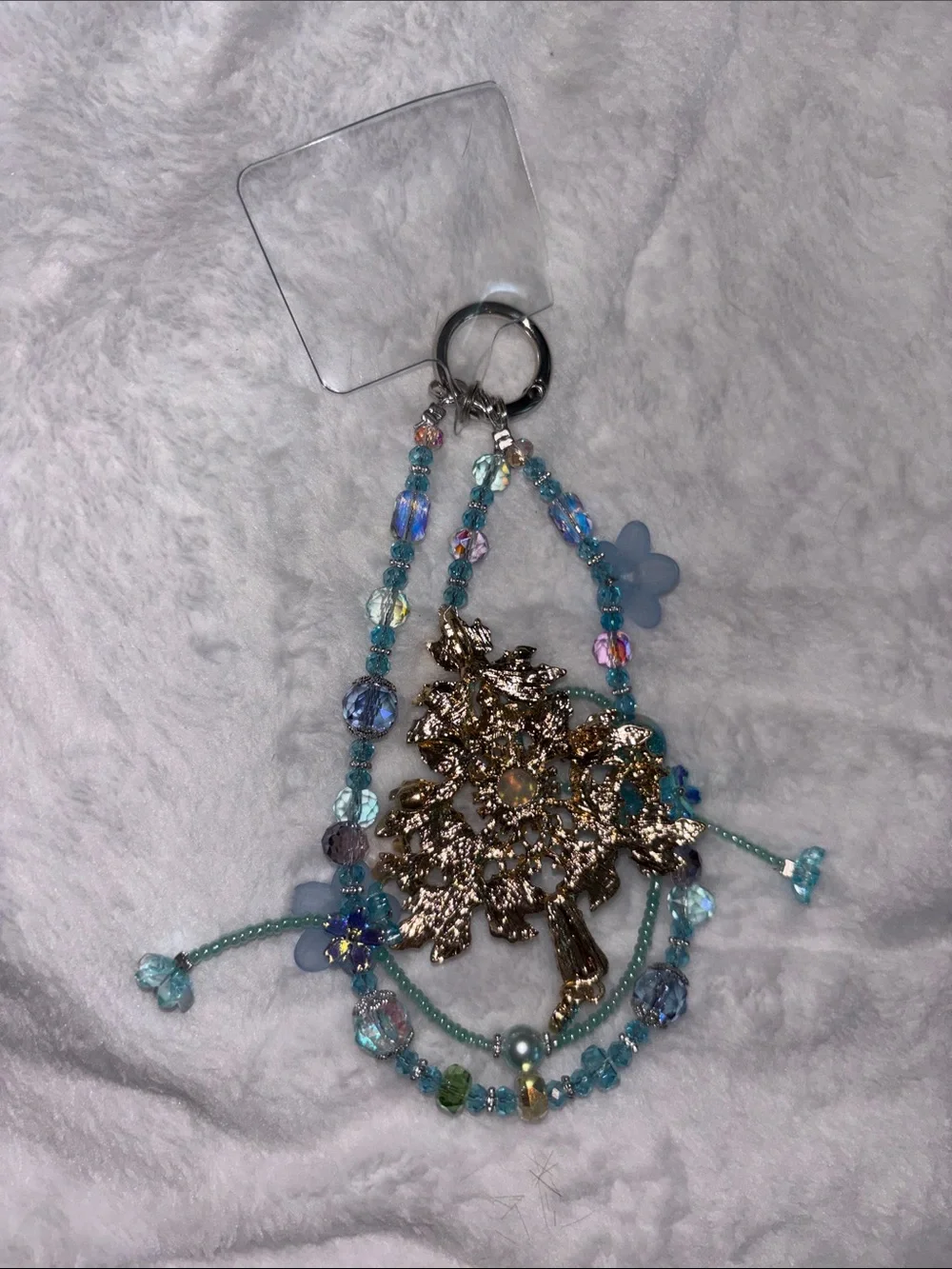 Blue Beaded Crystal Phone Charm Key Ring - Decorative Bag & Phone Accessory